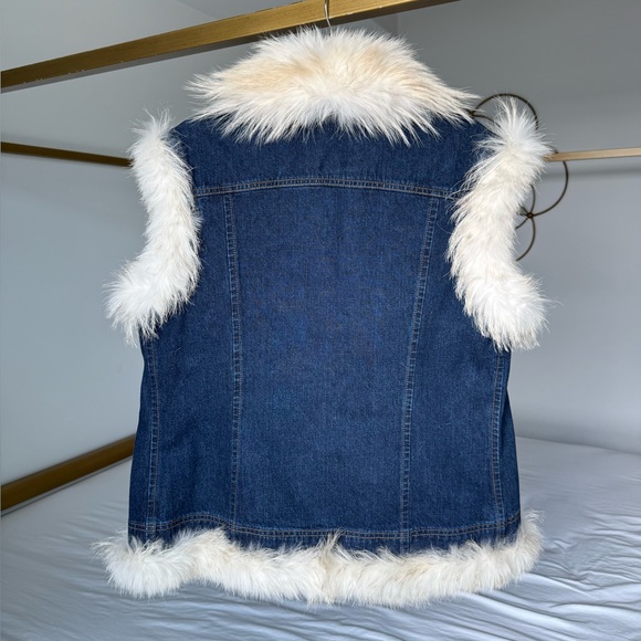 Vintage Denim Vest w Fox Fur Trim Womens Large 70s disco Y2K Mob Wife Penny Lane - Picture 2 of 7